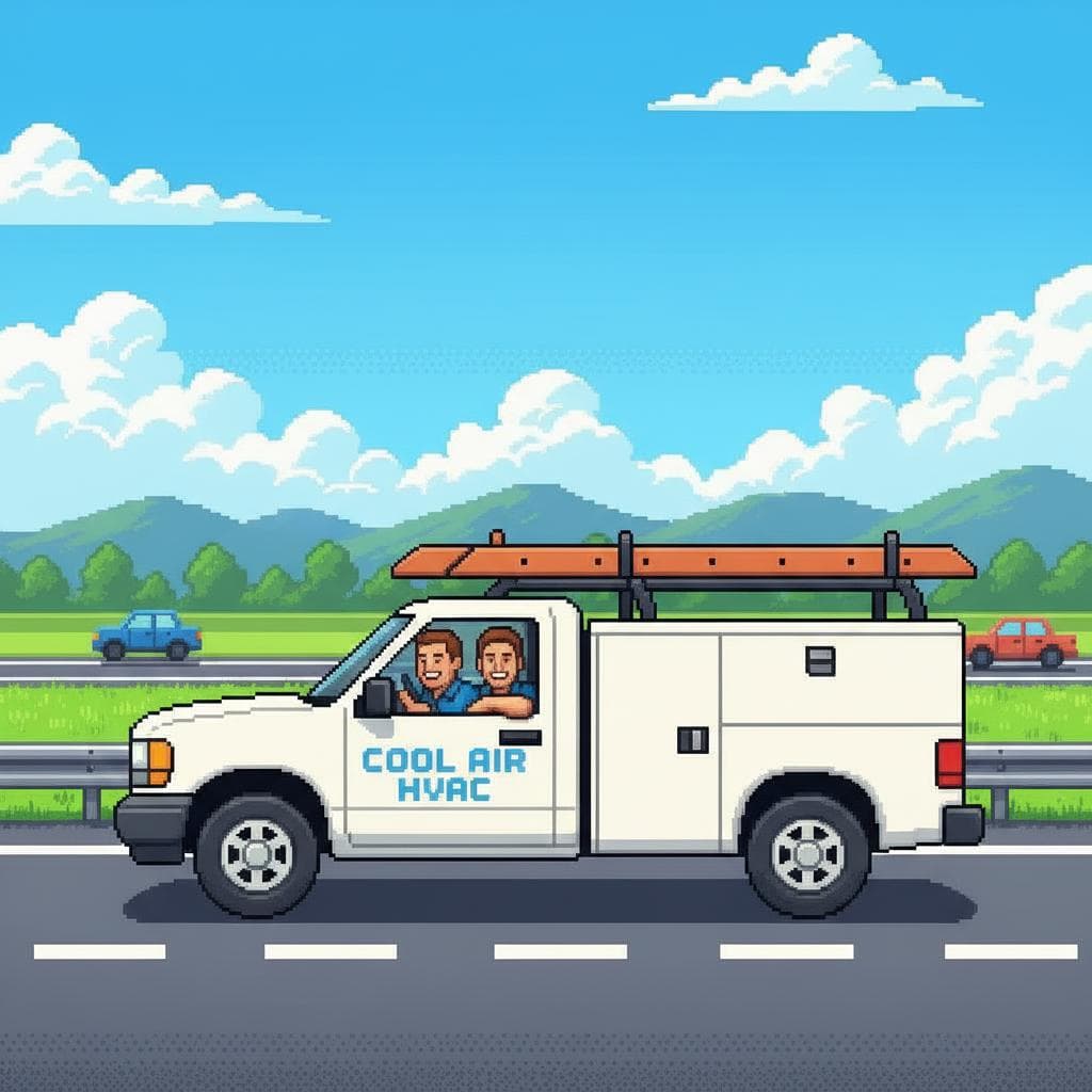 HVAC service truck and technicians scene